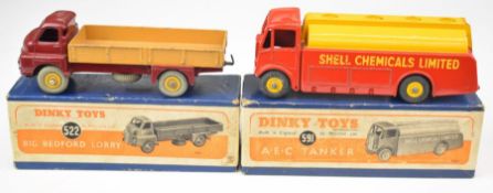 Two Dinky Toys diecast model lorries comprising Big Bedford Lorry 522 and A.E.C. Tanker 591, both in