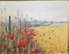 Deborah Poynton (South African, born 1970) oil on canvas poppies in landscape, signed lower right,