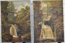 Edward Priestley (1820-1880), pair of oil on canvas waterfall scenes, one with figure on a bridge