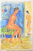 Sergey Luppov (Russian 1893-1977) watercolour study seated nude woman with further figure beyond,