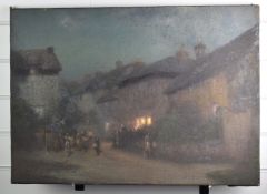 Oil on canvas group outside a pub or similar in twilight, with label verso giving indistinct