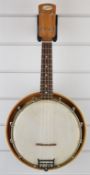 Dick Barrie 1950s resonator banjolele with segmented mahogany back, length 57cm, in hard carry case