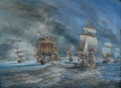 James William Blanch (born 1905) oil on canvas 19thC warships under sail during battle, 54 x 75cm