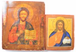 Two Russian or similar oil on wooden panel icons, larger 35.5 x 31.5cm