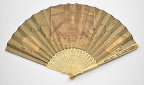 The Trial of Warren Hastings carved bone fan with printed view of the trial in Westminster Hall,