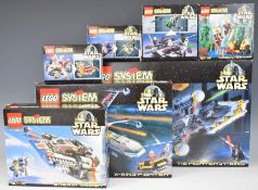 Seven Star Wars Lego sets comprising 7130 Snowspeeder, 7140 X-wing Fighter, 7150 Tie Fighter & X-