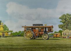 V Gerald Garrett watercolour showman's steam engine with fairground beyond, signed and dated 74
