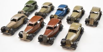 Nine vintage Dinky Toys diecast model cars comprising Rolls Royce, Vauxhall and Daimler.