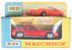 Matchbox King Size diecast model Lamborghini Miura with metallic red body, cream interior and silver