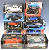 Eleven 1:18 and 1:24 scale diecast model sports cars by Burago, Hotwheels, Majorette etc to