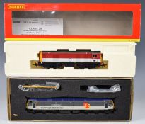 Two 00 gauge model railway diesel engines comprising Heljan Class 47 Diesel Railfreight Distribution