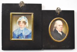 19th century portrait miniatures on ivory of a lady and gentleman, in formal period dress, larger