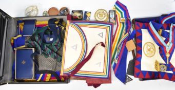 Four cases of Masonic regalia / aprons with jewels, mainly Worcester lodges, some loose jewels /