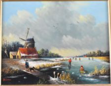 Dutch oil on board winter scene, windmill with figures skating on a frozen waterway, signed lower