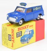 Dinky Toys diecast model RAC Patrol Mini Van with blue body, white roof, red interiors, silver