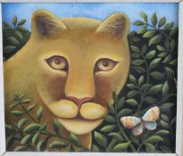 Jerzy Marek (Polish 1925-2014), oil on board 'Meeting', portrait of a lion with butterfly, signed