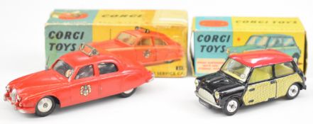 Corgi Toys diecast model 2.4 Jaguar 'Fire Service' Car 213 and Morris Mini-Cooper 249, both in Corgi