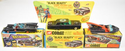 Three Corgi Toys TV related diecast vehicles comprising Batmobile 267, Batboat 107 and Green