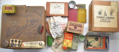 Ephemera and vintage packaging including Wolland Bros and Herbert Johnson hat boxes, baby feeder