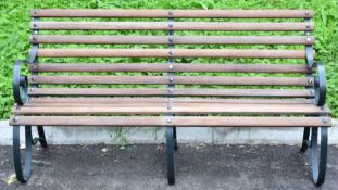 Circa 1930s vintage teak and wrought iron garden bench, W150 x H75cm