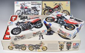 Five Tamiya motorcycle model kits to include 1:6 scale Honda CX500 Turbo 1626, all in originall