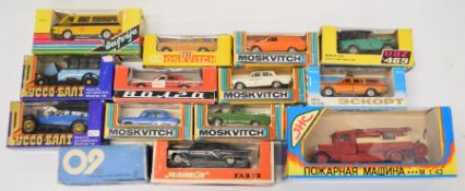 Fourteen Russian Soviet era USSR diecast model cars to include Moskvitch and UAZ, all in original