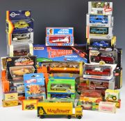 A collection of diecast cars, trucks and lorries to  include Matchbox Tractor Transporter K-20,