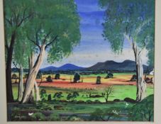 Greg Kelly (1940-1991, Australian Aboriginal) watercolour gumtrees and kangaroos on a plain before