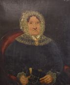 19th century oil on canvas portrait of a lady holding a bible and her glasses, with label verso