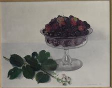 Audrey Johnson (1919-2005) oil on board still life study of fruit in a bowl with foliage on the