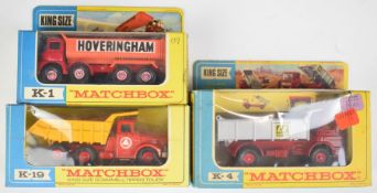 Three Matchbox King Size diecast model tipper trucks comprising Foden Hoveringham K1, Leyland LE