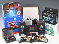 Two mini arcade gaming consoles together with a Super Console X emulator and 7 retro game pads, Mega