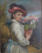 William Oliver (1823-1901), oil on canvas 'Returning from the Florists' portrait of a girl holding