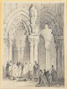Pencil drawing of a church interior scene, in oak frame, named verso Robert Paris 1856, pencil