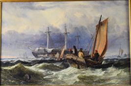 19th century oil on canvas maritime scene, tender heading out to a sailing ship, with further