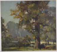 John Richard Townsend (1930-2013) oil on canvas cottage amongst trees, signed lower left, 33 x 36cm,