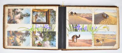 Japanese mother of pearl Shibayama lacquer postcard album, with a large collection of silk / lace