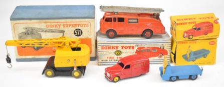 Four Dinky Toys diecast model vehicles comprising B.E.V. Electric Truck 400, Austin Van Nestle's
