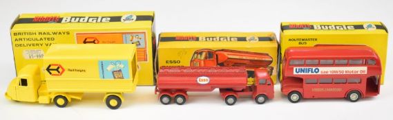 Three Budgie diecast model vehicles comprising Routemaster Bus 236, British Railways Delivery Van
