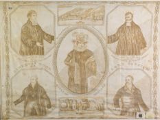 Early 19thC printed cotton / calico handkerchief with images of Queen Caroline, Lord Erskine,