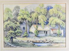 Rex Hope (1890-1982 Bristol Savages) watercolour 'The Barn, Winterbourne', farm buildings surrounded