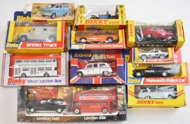 A collection of eleven vintage Dinky Toys diecast model vehicles to include Plymouth Police car 244,