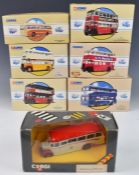 Seven Corgi diecast model buses comprising vehicles from Classics, Public Transport and