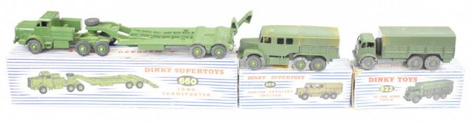 Three Dinky Toys diecast military vehicles comprising 10-Ton Army Truck 622, Recovery Tractor 661
