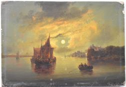19thC Dutch or similar moonlit coastal scene with rowing boat heading toward moored sailing boats