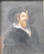 Watercolour portrait miniature on card after Sir Peter Paul Rubens self portrait, titled verso, 16 x