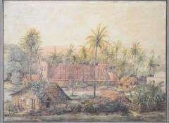 Georgian watercolour landscape of Chandernagore, now Chandannagar, India, indistinctly signed