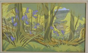 Oliver Heywood (1920-1992) watercolour Cotswold house from a blue wood, probably Slad Valley /