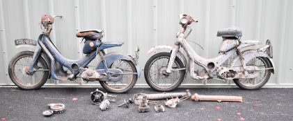 Two BSA Dandy scooters, currently wearing registration numbers PTH 16 and YRL 648 but with letters
