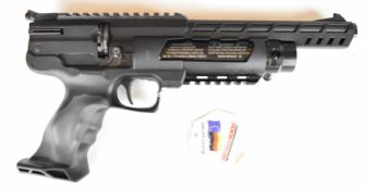 Weihrauch HW44 .177 PCP air pistol with shaped grips and adjustable sights. scope rail and 10-shot